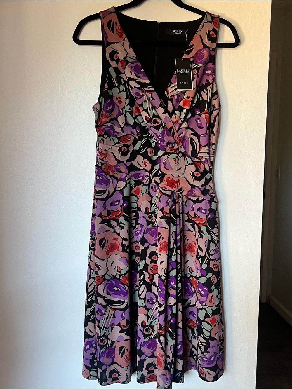 NWT Ralph Lauren Black Floral Midi Dress with Purple & Pink Blooms sz 6